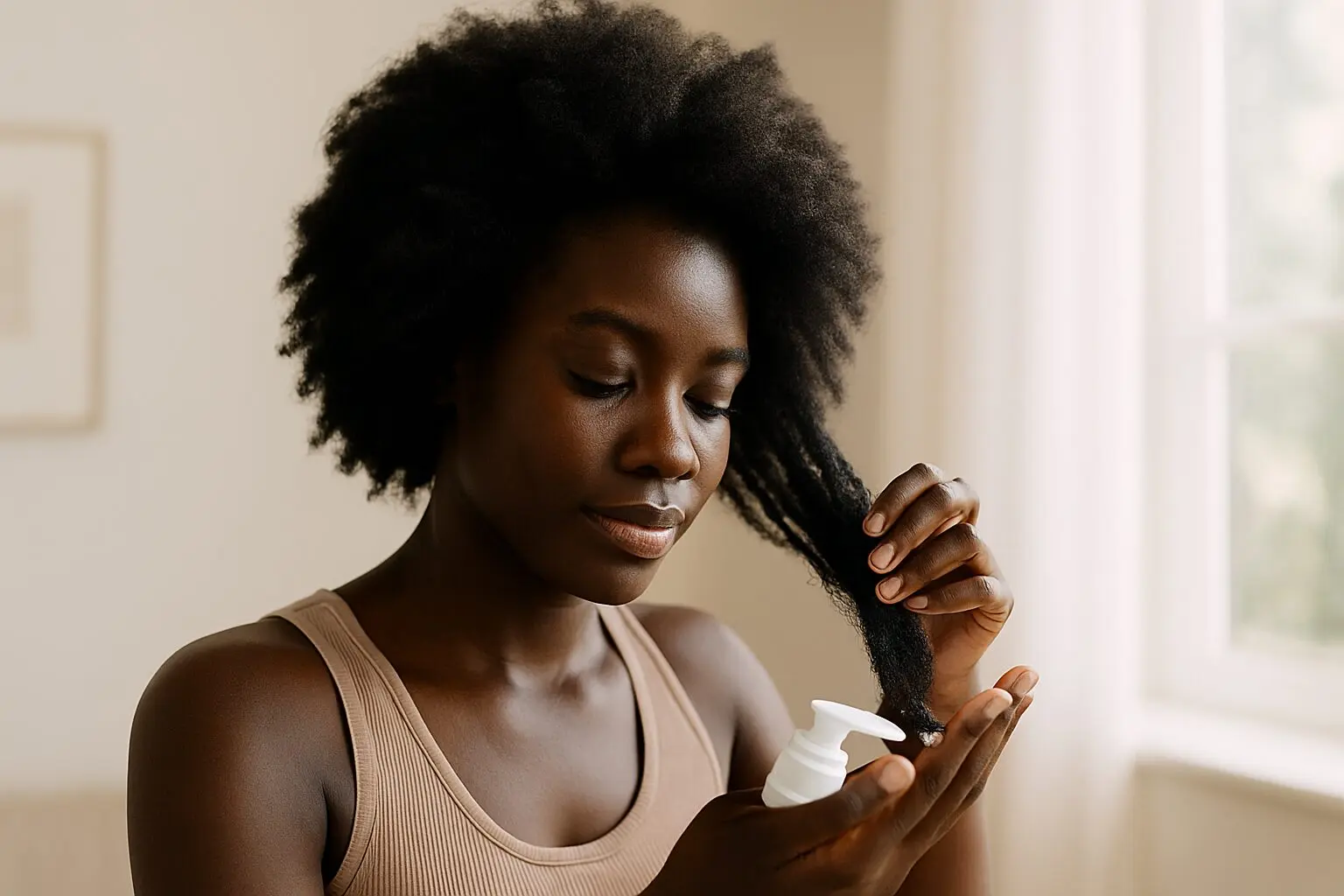 black woman with natural hair moisturizing her hair