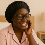 Black woman smiling wearing satin bonnet for nighttime curl protection