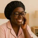 Black woman smiling wearing satin bonnet for nighttime curl protection