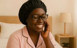 Black woman smiling wearing satin bonnet for nighttime curl protection
