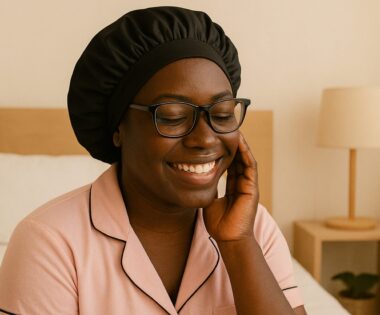 Black woman smiling wearing satin bonnet for nighttime curl protection