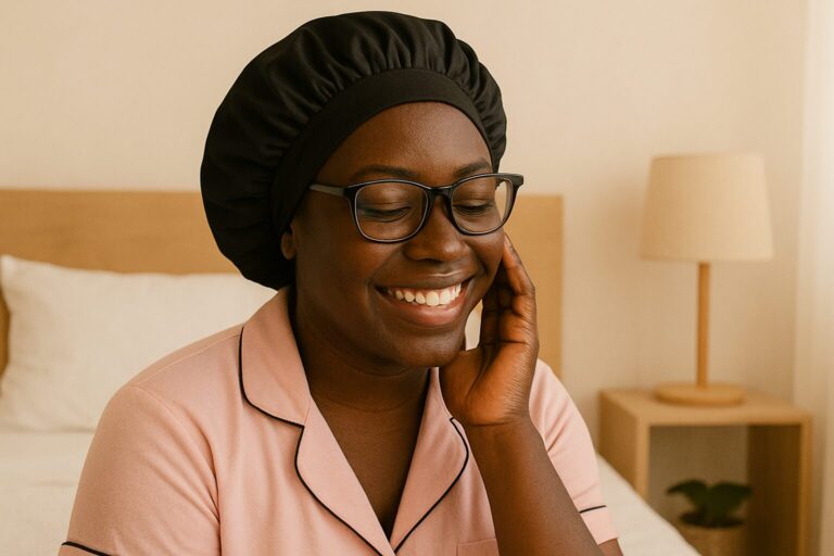 Black woman smiling wearing satin bonnet for nighttime curl protection