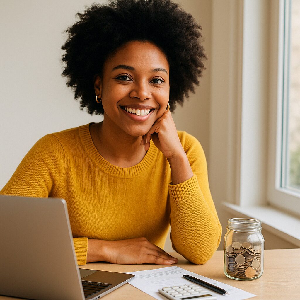 • Confident Black woman sitting at a kitchen table with a laptop, calculator, and coffee cup