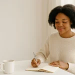 Black woman journaling in natural light, peaceful and reflective energy
