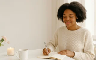 Black woman journaling in natural light, peaceful and reflective energy