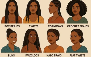 Illustrated portraits of Black women wearing protective hairstyles including box braids, twists, cornrows, crochet braids, buns, faux locs, halo braid, and flat twists