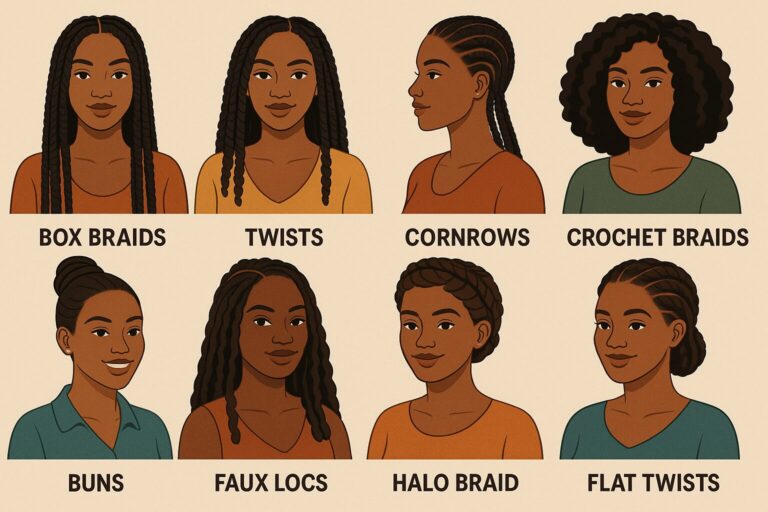 Illustrated portraits of Black women wearing protective hairstyles including box braids, twists, cornrows, crochet braids, buns, faux locs, halo braid, and flat twists