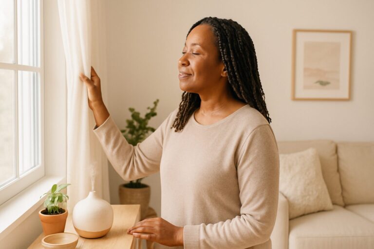 Black woman resetting home energy by adjusting curtains and décor, bright airy room