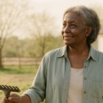 Older Black woman smiling outside a rural home while holding a rake during spring cleanup