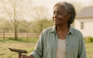 Older Black woman smiling outside a rural home while holding a rake during spring cleanup