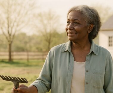 Older Black woman smiling outside a rural home while holding a rake during spring cleanup