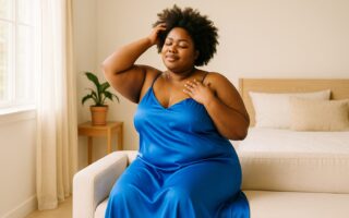 Black woman massaging her scalp in blue satin dress for healthy hair growth