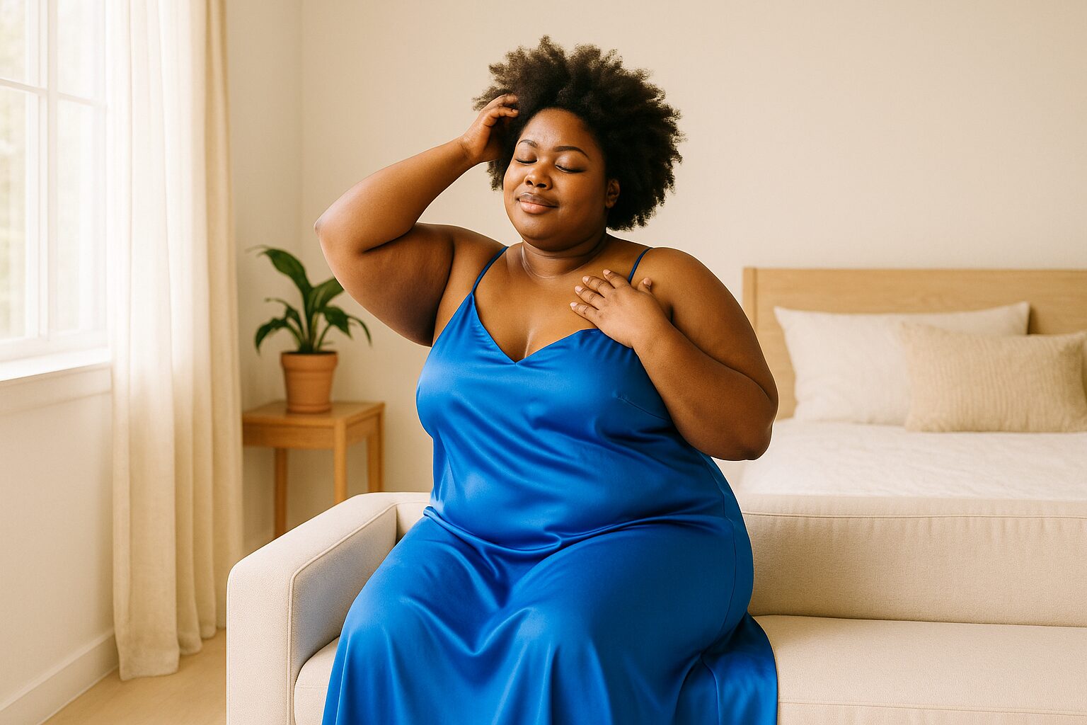 Black woman massaging her scalp in blue satin dress for healthy hair growth