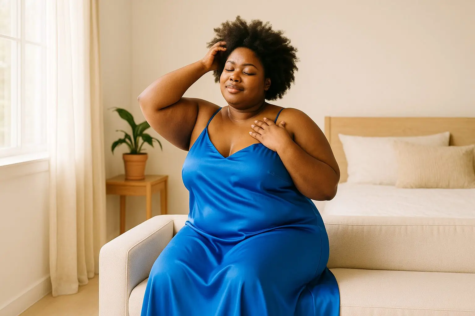 Black woman massaging her scalp in blue satin dress for healthy hair growth