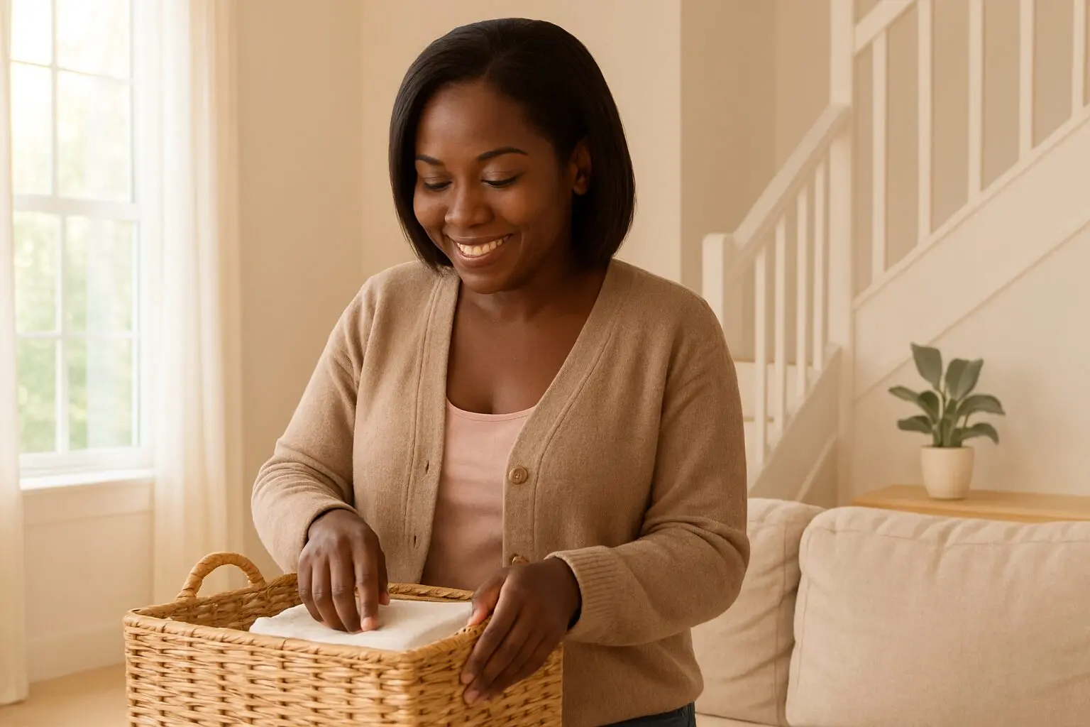 Black woman smiling while organizing her sunlit townhouse during a seasonal home reset