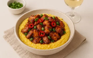 Spicy Asian-inspired chicken stir-fry served over cheddar grits with green onions, styled in a light kitchen setting