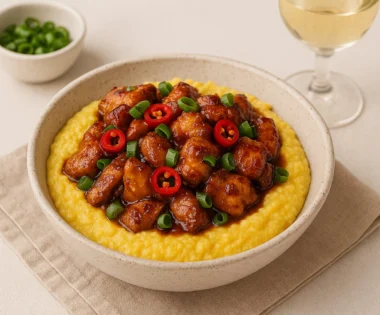 Spicy Asian-inspired chicken stir-fry served over cheddar grits with green onions, styled in a light kitchen setting