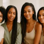 Six Black women of diverse ages, skin tones, and hair textures smiling together in soft spring light, showcasing natural, braided, loc’d, relaxed, and TWA hairstyles