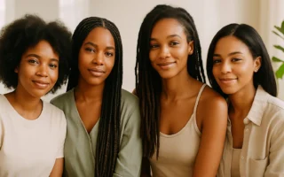 Six Black women of diverse ages, skin tones, and hair textures smiling together in soft spring light, showcasing natural, braided, loc’d, relaxed, and TWA hairstyles