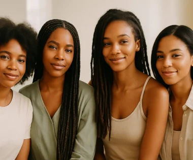 Six Black women of diverse ages, skin tones, and hair textures smiling together in soft spring light, showcasing natural, braided, loc’d, relaxed, and TWA hairstyles
