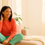 A young Black woman with straight hair sits smiling in a cozy, sunlit living room with colorful spring decor.