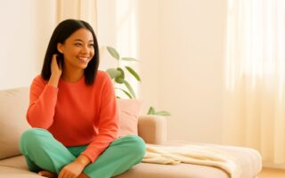 A young Black woman with straight hair sits smiling in a cozy, sunlit living room with colorful spring decor.