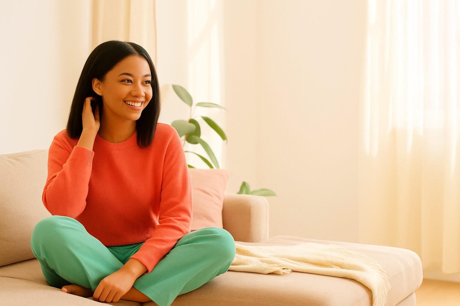 A young Black woman with straight hair sits smiling in a cozy, sunlit living room with colorful spring decor.