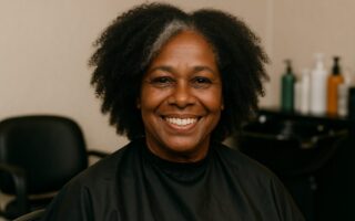 Black woman with natural curls getting a trim, smiling confidently, showcasing healthy vibrant hair