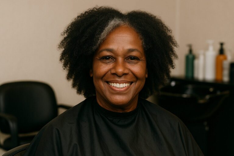 Black woman with natural curls getting a trim, smiling confidently, showcasing healthy vibrant hair