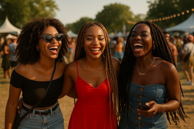 Three stylish young Black women laugh together at an outdoor summer festival, surrounded by string lights, tents, and a joyful crowd in the warm evening sun.