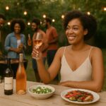 A photograph captures an African American woman smiling and holding a glass of rosé wine at a backyard BBQ. She is seated at a wooden picnic table with grilled vegetables, salad, and bottles of wine in front of her. In the background, a group of Black friends socialize near a barbecue grill under string lights, surrounded by lush greenery.