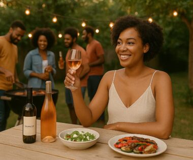 A photograph captures an African American woman smiling and holding a glass of rosé wine at a backyard BBQ. She is seated at a wooden picnic table with grilled vegetables, salad, and bottles of wine in front of her. In the background, a group of Black friends socialize near a barbecue grill under string lights, surrounded by lush greenery.