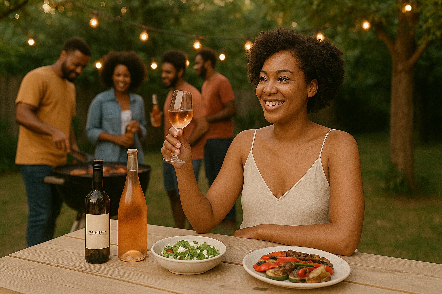 A photograph captures an African American woman smiling and holding a glass of rosé wine at a backyard BBQ. She is seated at a wooden picnic table with grilled vegetables, salad, and bottles of wine in front of her. In the background, a group of Black friends socialize near a barbecue grill under string lights, surrounded by lush greenery.