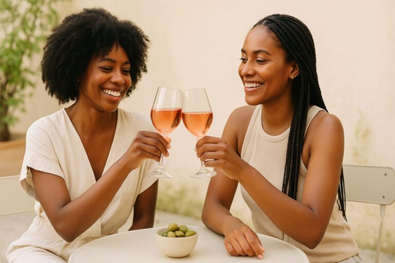 2 black women late 20s toasting rose wines.