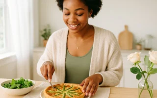Black woman preparing or plating a spring brunch with quiche in a bright kitchen, clean natural lighting, soft pastels, cozy styling