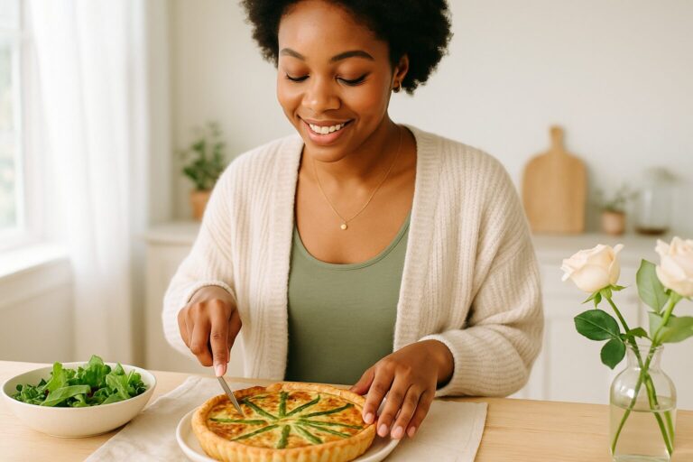 Black woman preparing or plating a spring brunch with quiche in a bright kitchen, clean natural lighting, soft pastels, cozy styling