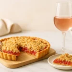 A golden strawberry-rhubarb crumble tart on a wooden board with a slice served on a small plate, paired with a glass of rosé wine in a bright, sunlit kitchen with soft neutral tones.