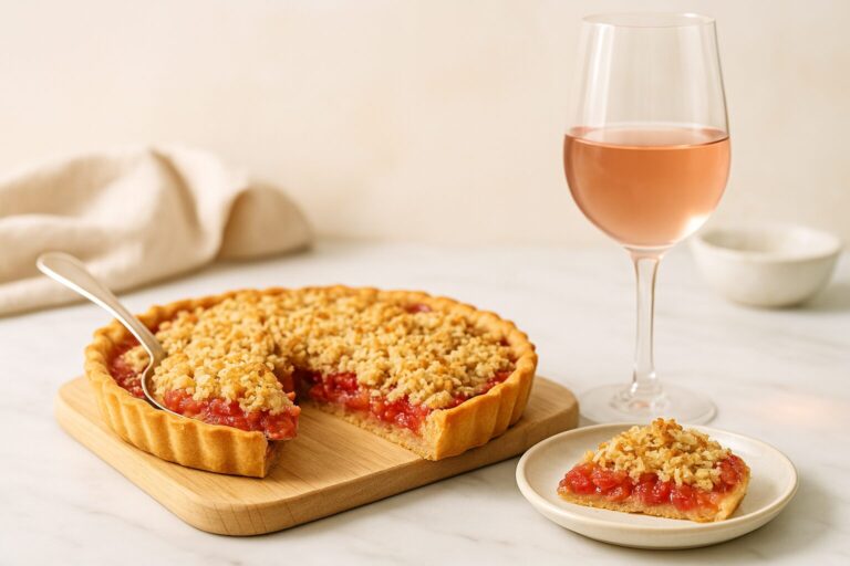 A golden strawberry-rhubarb crumble tart on a wooden board with a slice served on a small plate, paired with a glass of rosé wine in a bright, sunlit kitchen with soft neutral tones.